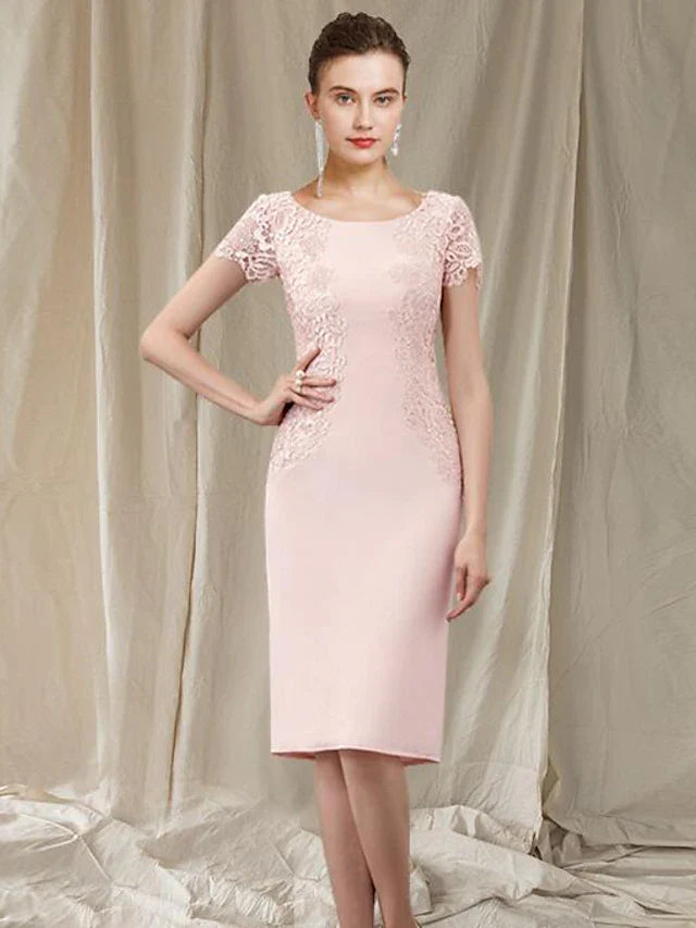 Wholesale Sheath / Column Mother of the Bride Dress Elegant Jewel Neck Knee Length Lace Stretch Fabric Short Sleeve with Appliques